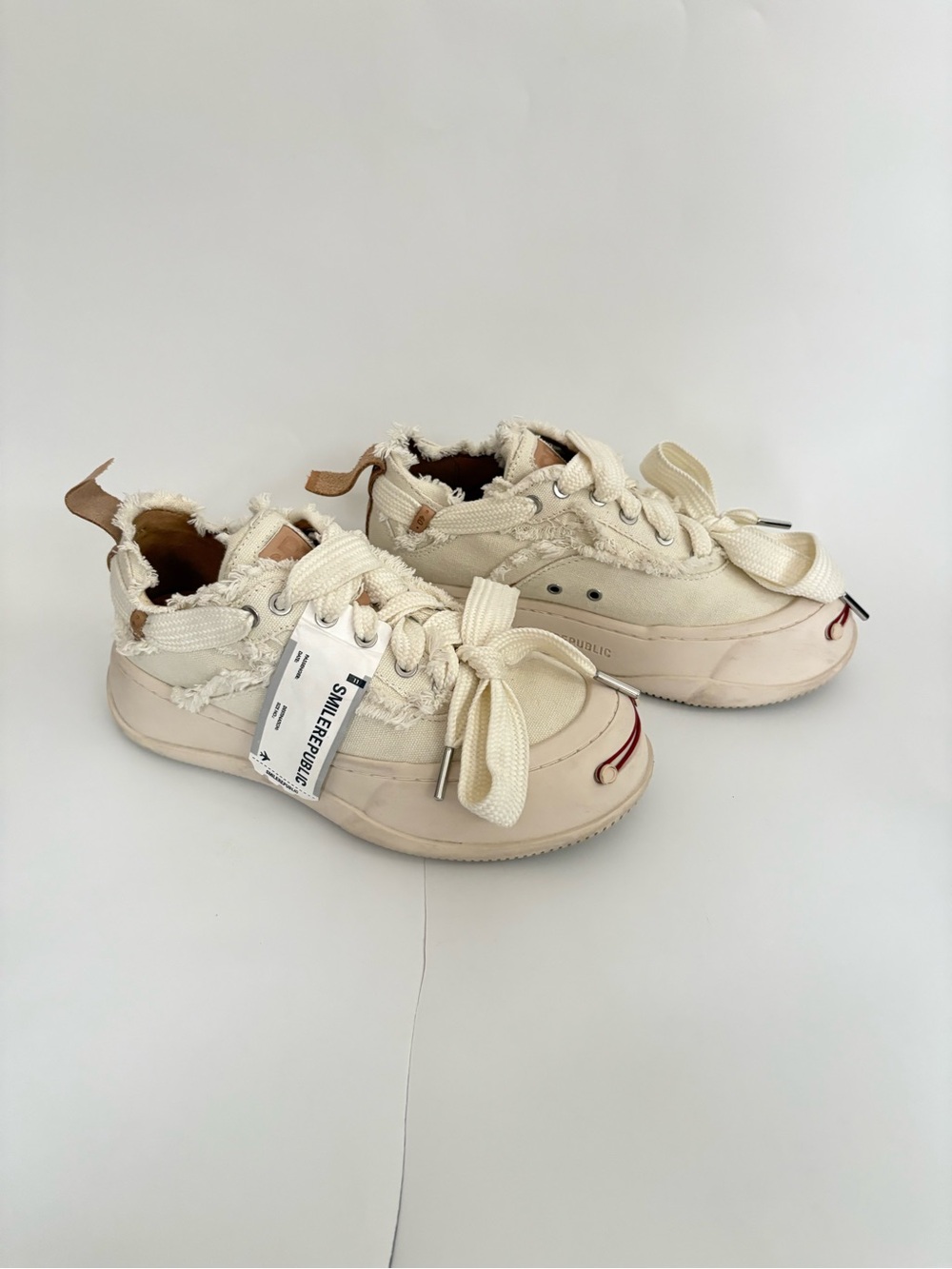 Smilerepublic Distressed Lace Up Leather and Canvas Platform Sneakers - Picture 3 of 6